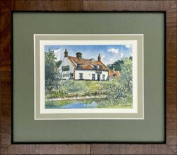 English Inn River Watercolor Painting - a completed framing art project by Capricorn Framing